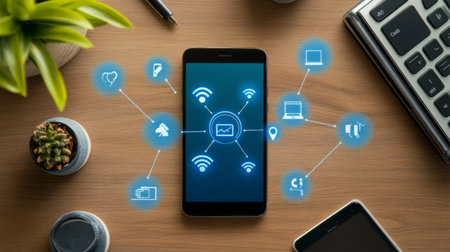 A modern smartphone sits on a wooden desk with digital icons symbolizing communication and connectivity. Perfect for showcasing technology in a professional setting.の素材