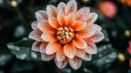 A beautiful close-up image showcasing a vibrant orange dahlia flower with glistening raindrops on its petals, highlighting its natural beauty in a serene garden setting.の素材