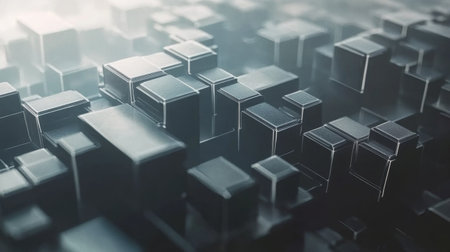 Explore a mesmerizing abstract scene featuring 3D geometric cubes enveloped in fog, enhanced by soft lighting to create an otherworldly, futuristic ambiance.の素材