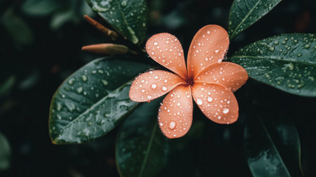 A captivating orange flower adorned with dew drops rests on lush green leaves, embodying the refreshing beauty of nature in a serene garden setting.の素材