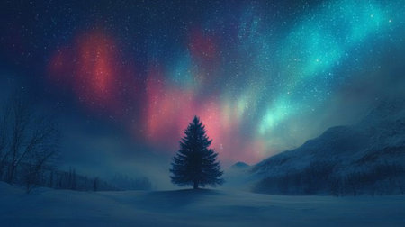 Experience the enchanting beauty of a winter landscape featuring a majestic pine tree under a vibrant display of northern lights illuminating the night sky.の素材