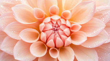 A stunning close-up of a pink dahlia flower adorned with water droplets, displaying intricate petal patterns and soft hues for nature enthusiasts and photographers.の素材