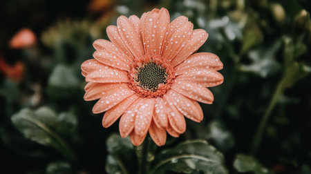 A stunning close-up of a pink gerbera daisy adorned with dew drops, showcasing vibrant green leaves in a tranquil garden setting, perfect for nature lovers.の素材