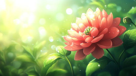 A vibrant close-up of a pink flower adorned with dew, set against a lush green background, illuminated by soft sunlight and creating a peaceful, serene atmosphere.の素材
