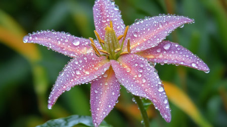 Stunning close-up of a pink flower adorned with dew drops, highlighting natureの素材