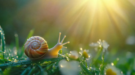 A stunning close-up image of a snail gracefully moving on green grass, adorned with water droplets, illuminated by soft sunlight, showcasing the beauty of nature.の素材