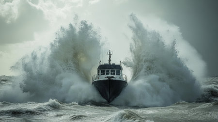 A powerful boat battles fierce waves in a stormy ocean scene, showcasing the overwhelming force of nature and the spirit of adventure on the open water.の素材
