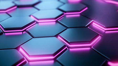 A captivating close-up of hexagonal tiles illuminated by vibrant purple neon lights, set against a sleek reflective surface, evoking a futuristic design and modern aesthetic.の素材