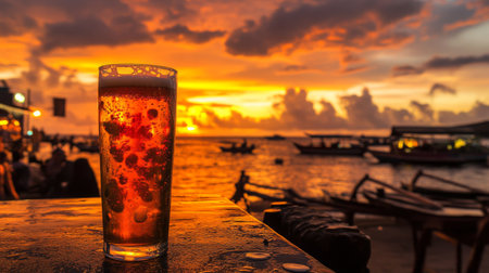 A beautiful glass of beer sits on a wooden table as the sun sets over calm waters, creating a stunning tropical backdrop perfect for relaxation and enjoyment.の素材