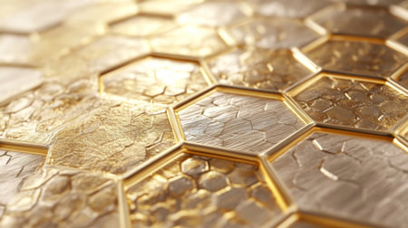 A stunning close-up of a golden hexagonal pattern featuring intricate textures and light reflections, perfect for projects requiring elegance and luxury in design.の素材