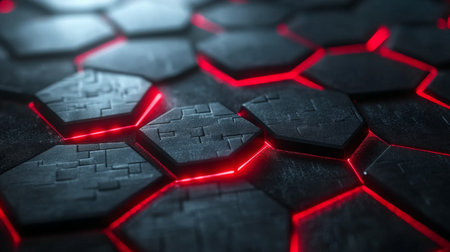 A captivating dark hexagonal pattern with vibrant red glowing lines, perfect for backgrounds and designs in technology, science fiction, and modern aesthetics.の素材