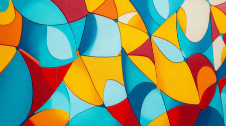 This vibrant abstract artwork features a dynamic composition of colorful geometric shapes in shades of blue, red, yellow, and orange, perfect for creative projects.の素材