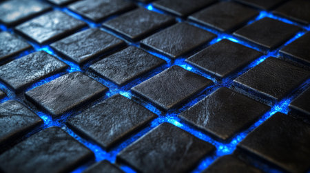 A closeup view of a textured stone tile surface illuminated by a glowing blue light, providing an artistic and modern feel suitable for various digital and print applications.の素材