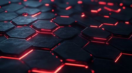 A visually striking abstract design featuring a hexagonal pattern illuminated with a neon red glow against a dark surface, perfect for technology and modern aesthetics.の素材