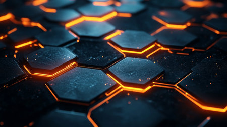 This abstract background features glowing orange hexagons against a textured black surface, perfect for technology-themed projects, presentations, or digital art.の素材