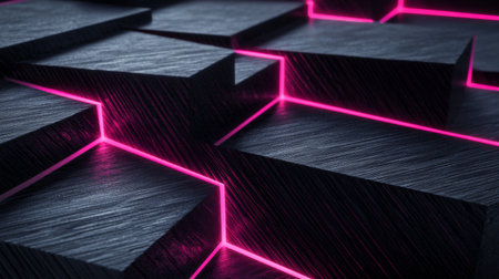 A stunning abstract composition featuring a dark surface with vibrant neon pink lines, creating an engaging geometric design ideal for creative and modern projects.の素材
