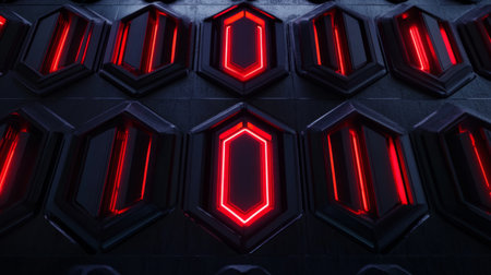 Explore a captivating futuristic wall design featuring glowing red neon lights and geometric shapes that enhance the modern aesthetic in a dark ambiance.の素材