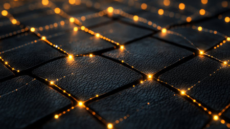 Close-up view of a textured leather surface illuminated by glowing lights, creating an artistic and elegant backdrop ideal for designs and promotions.の素材