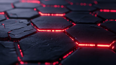 Explore a captivating hexagonal pattern featuring glowing red lines that create a dynamic and modern feel, perfect for technology-themed projects or creative backgrounds.の素材