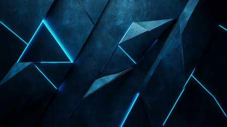 This abstract geometric background features illuminated blue lines and dynamic triangular shapes on a dark textured surface, perfect for modern design projects.の素材