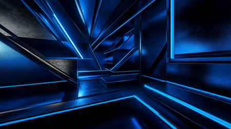 Immerse in a captivating futuristic tunnel featuring blue neon lights and stunning geometric shapes, perfect for enhancing technology themes and digital art projects.の素材