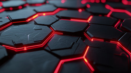 This abstract image features dark hexagons accented by glowing red lines, offering a striking visual perfect for projects focused on technology and digital aesthetics.の素材
