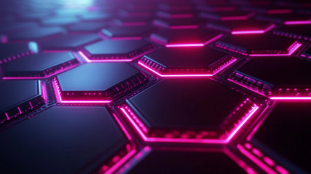 A mesmerizing futuristic hexagonal pattern illuminated by vibrant neon pink lights against a dark background, perfect for showcasing modern digital aesthetics and innovative technology themes.の素材