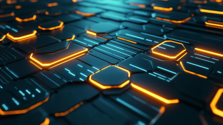 This futuristic abstract background features glowing neon lines and hexagonal patterns, ideal for digital design projects, technology themes, or artistic visual presentations.の素材