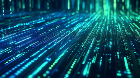 An abstract digital stream filled with vibrant blue and green light particles, creating a futuristic atmosphere perfect for technology and data-themed projects.の素材