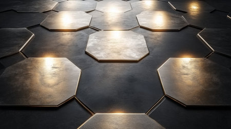 Stunning interior design showcases hexagonal tiles illuminated by soft ambient lighting, creating a modern aesthetic that enhances artistic expression and contemporary style.の素材
