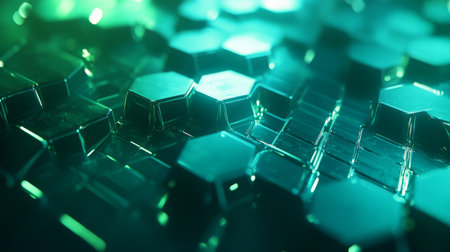Explore a stunning close-up of glowing hexagonal shapes set against a vibrant green backdrop, showcasing the beauty of reflective surfaces and futuristic design elements.の素材