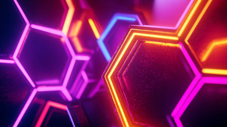 This captivating abstract background showcases vibrant neon hexagonal patterns with glowing edges, perfect for digital art, technology, and creative projects.の素材