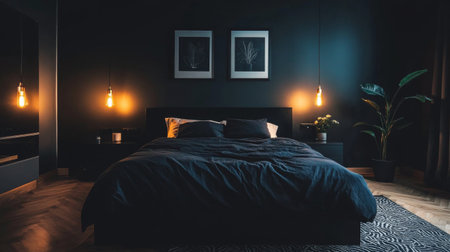 This modern bedroom features a dark color palette with soft fabrics, ambient lighting, and stylish decor, creating a cozy and inviting atmosphere for relaxation and rest.の素材