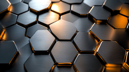 Explore a stunning abstract background featuring interlocking metallic hexagons that reflect light beautifully, perfect for modern design and technology themes.の素材