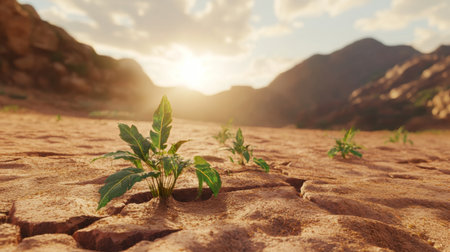 A stunning view of green plants breaking through cracked soil under a vibrant sunset. This image symbolizes resilience and hope in a barren desert landscape.の素材