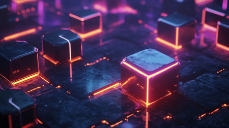 Explore a captivating futuristic scene featuring glowing neon cubes on a dark surface, ideal for enhancing digital or graphic design projects with a high-tech feel.の素材
