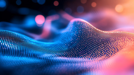 This stunning abstract image features vibrant waves of dots illuminated by colorful bokeh and light reflections, creating a captivating and dreamlike atmosphere. Ideal for various creative projects.の素材