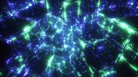 This image features a mesmerizing abstract pattern with glowing blue and green lights in a hexagonal arrangement, presenting a vibrant and dynamic digital environment.の素材