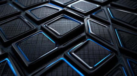 A visually striking abstract image showcasing modern geometric shapes with a glossy finish and blue highlights, ideal for tech-related projects or creative art compositions.の素材