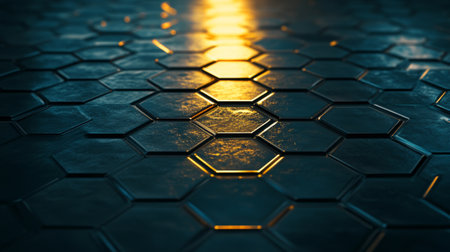 An intriguing scene featuring dark hexagonal tiles reflecting a warm glow, emphasizing modern design. This abstract image captures depth and texture in a captivating environment.の素材