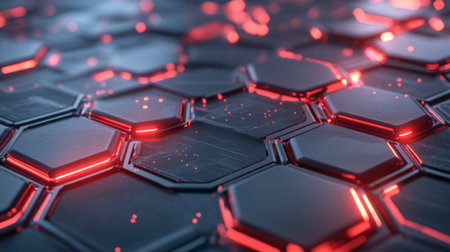 Explore a stunning futuristic hexagonal pattern set against a dark surface, enhanced by glowing red accents. Perfect for technology-themed projects and digital art creations.の素材