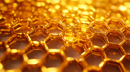 A mesmerizing close-up view of a golden honeycomb structure casting an enchanting glow, ideal for use in technology, art, and creative projects focusing on geometric beauty.の素材