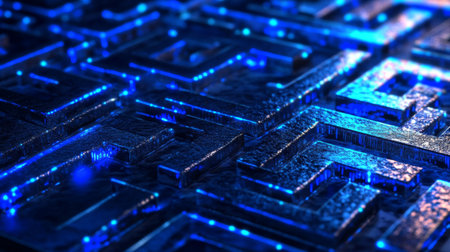 This abstract image showcases a close-up view of a futuristic circuit board illuminated with glowing blue lights, creating a visually captivating and high-tech atmosphere in digital technology.の素材