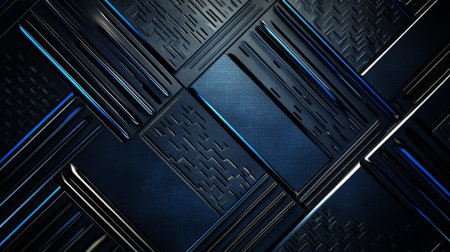 Explore a striking abstract blue background with geometric patterns, showcasing a mix of metallic and matte surfaces, perfect for modern design projects and artistic explorations.の素材