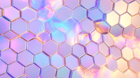 A stunning iridescent hexagonal pattern featuring soft pastel hues and glossy reflections, perfect for creating a modern, artistic backdrop or elegant design projects.の素材
