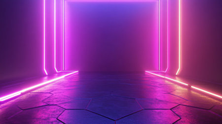A captivating futuristic neon light background featuring vibrant purple glow and hexagonal flooring, ideal for artistic projects, digital media, and modern design inspirations.の素材