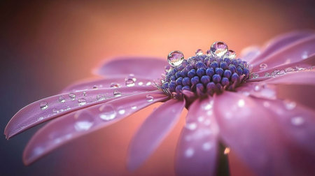 This close-up image captures the exquisite detail of a flower petal adorned with glistening water droplets, highlighting the serene beauty of nature in a vibrant garden setting.の素材
