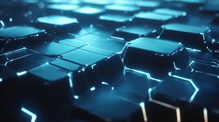 A captivating futuristic background showcasing illuminated hexagonal patterns with vibrant blue light effects, perfect for modern digital projects and innovative designs.の素材