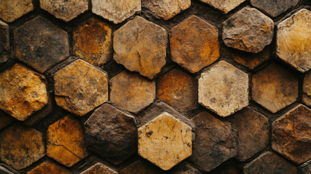 Discover a stunning arrangement of hexagonal tiles featuring earthy tones that create a warm, rustic vibe. Ideal for interior design and architecture projects.の素材