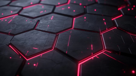 This visually striking image features a textured surface of hexagonal shapes illuminated by vibrant neon highlights, perfect for technology-themed projects and modern design applications.の素材
